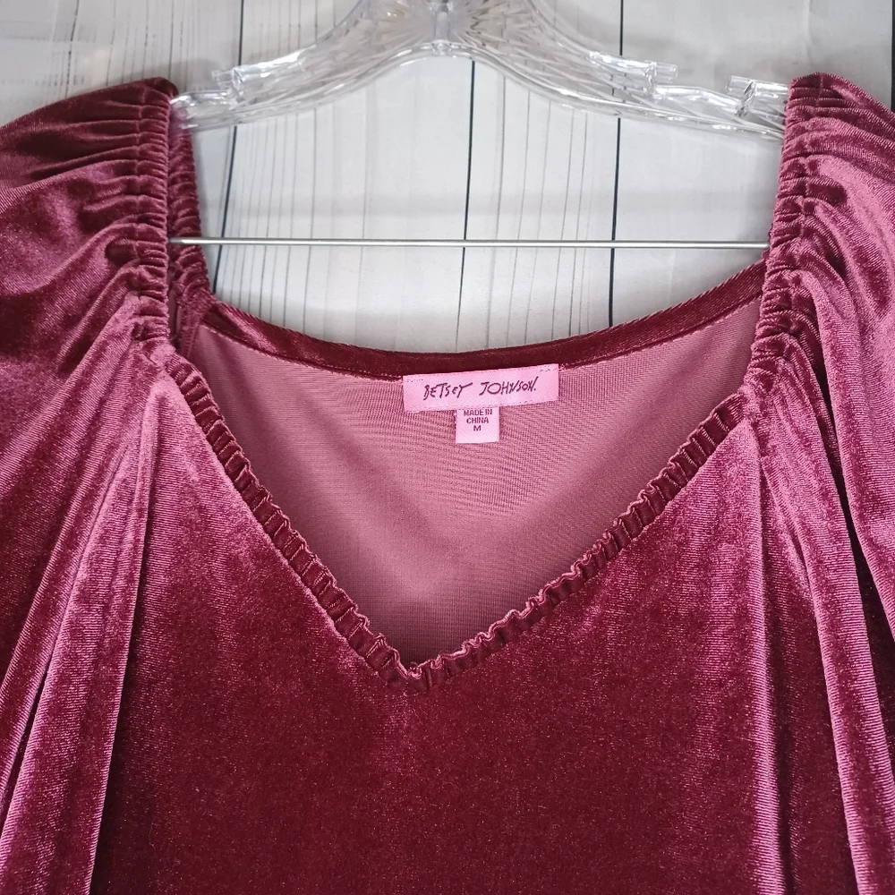 Betsey Johnson V-neck Mini Velvet Long Sleeve Dress in Burgundy - Picture 7 of 13